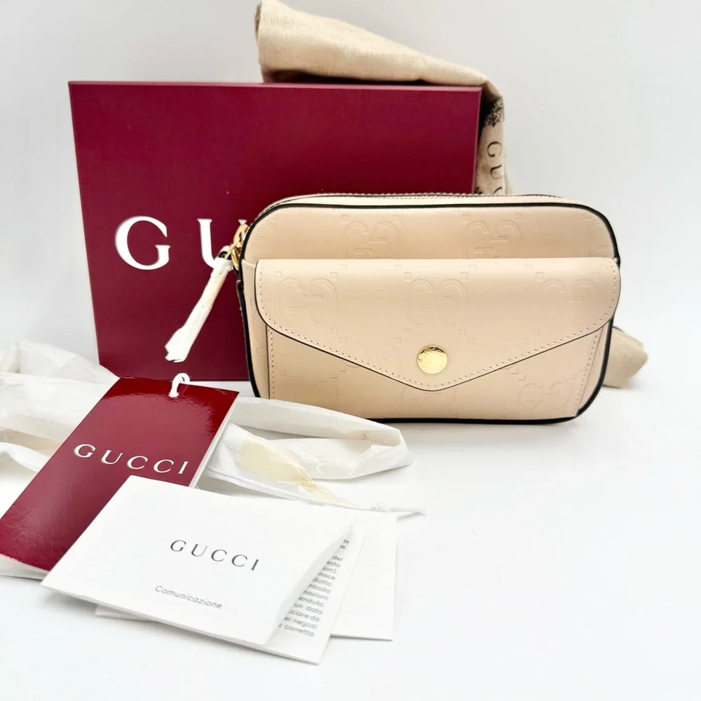 Gucci Beige Embossed Leather Crossbody Bag with Gold Tone Detail